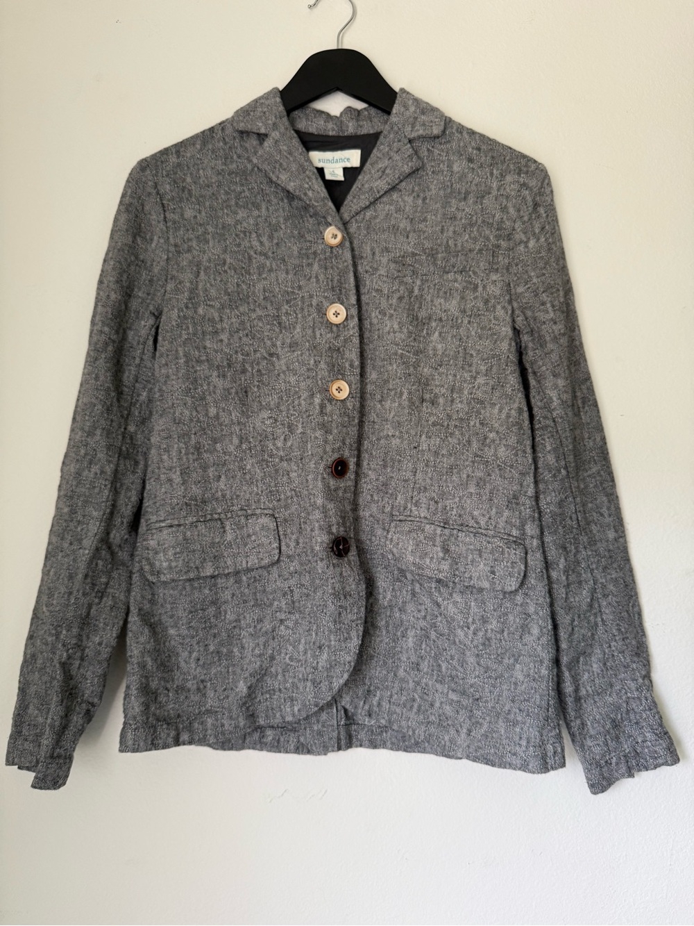 Sundance Linen Cotton Mixed Button Embroidered Textured Gray Blazer Small